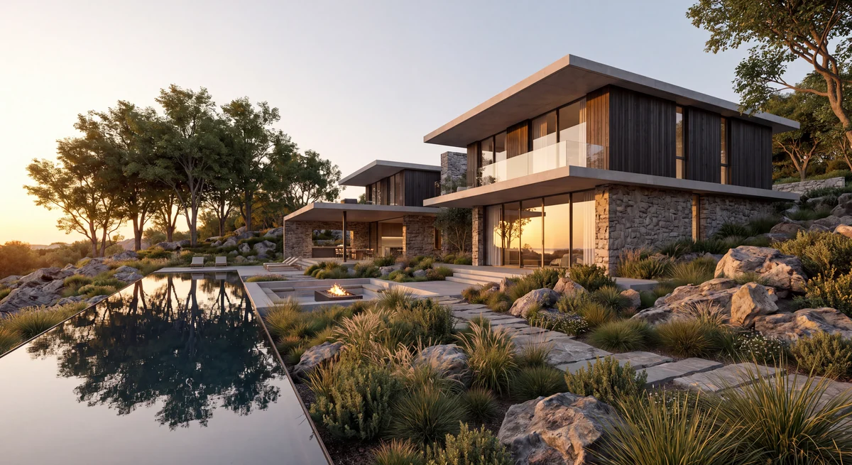 Photorealistic 3D visualization of a contemporary residence and landscaped pool