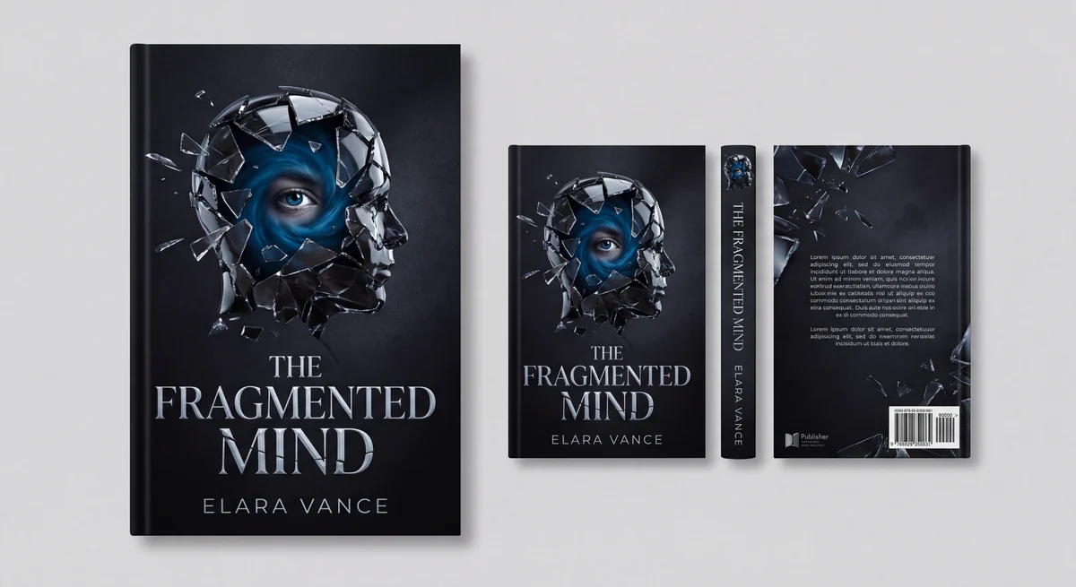 Dark full-cover publishing concept showing front cover, spine, and back cover