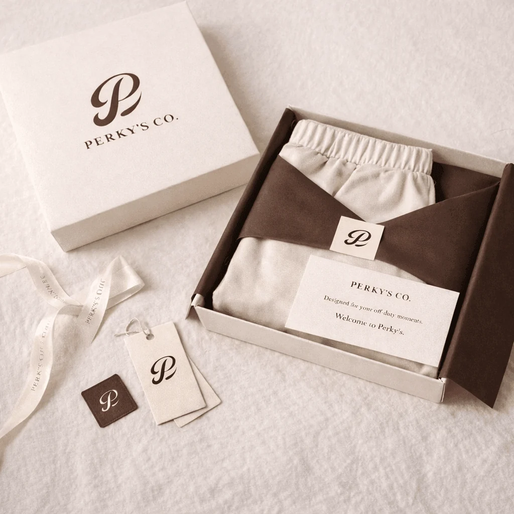Minimal luxury brand identity applied to packaging, stationery, and printed cards