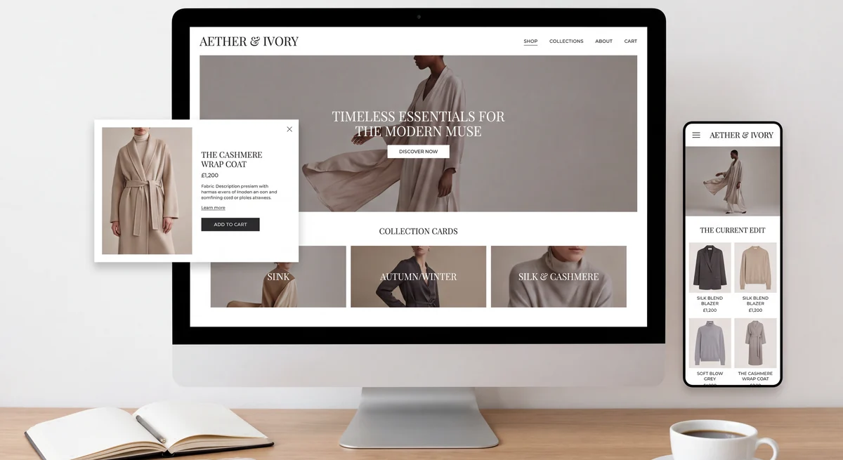 Responsive fashion e-commerce website displayed across desktop, tablet, and mobile screens