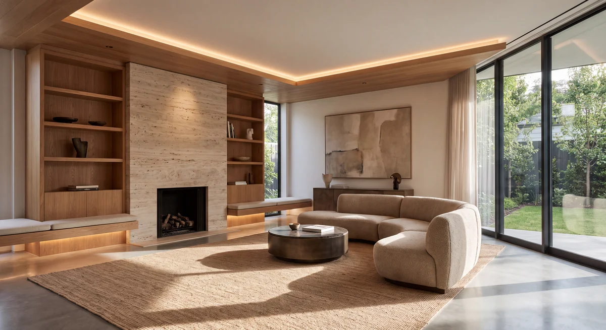 Warm modern living room interior with wood detailing, fireplace, and garden view