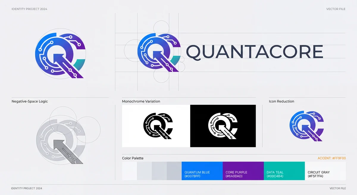 Logo identity exploration with construction grid, variations, and color palette