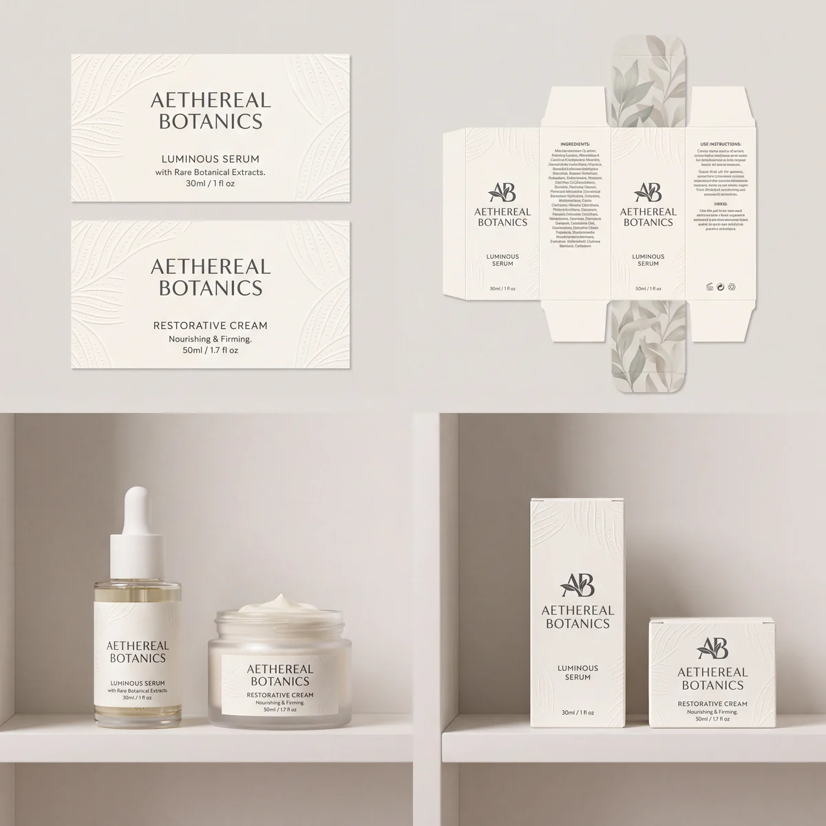 Botanical skincare packaging system with labels, boxes, and product containers