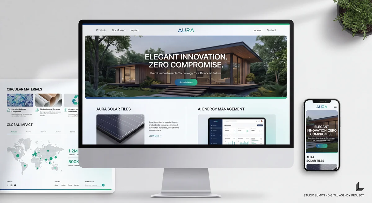Premium technology website shown on desktop, tablet, and mobile devices