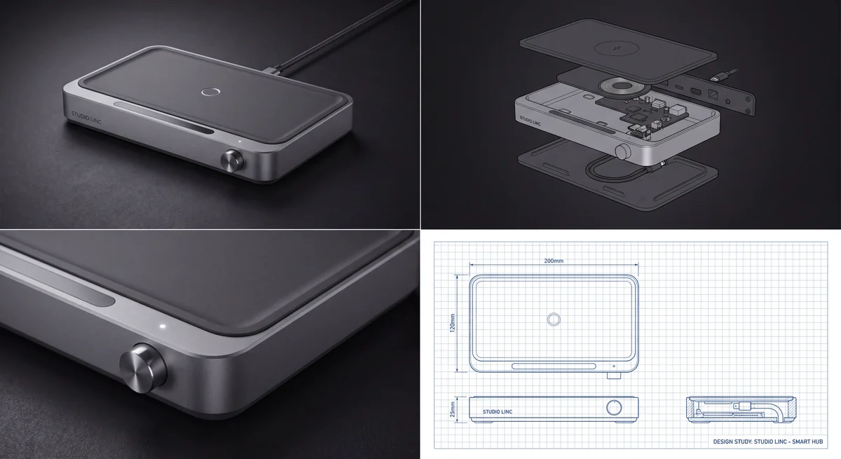 Industrial product design concept with renders, exploded view, and technical drawing