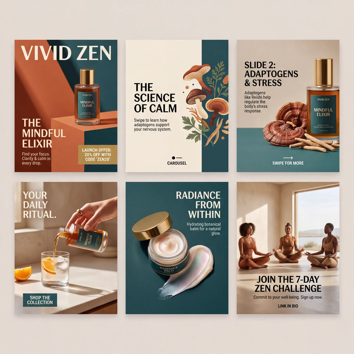 Wellness brand social media campaign with coordinated promotional post designs