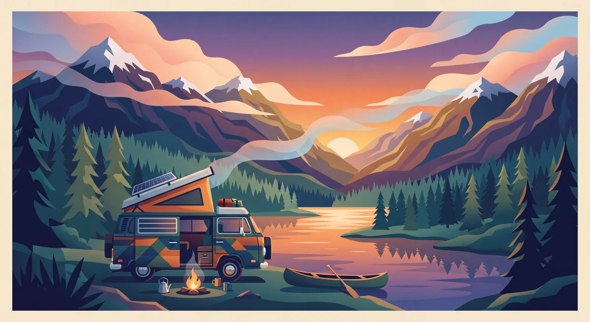 Colorful vector illustration of a camper van beside a mountain lake at sunset