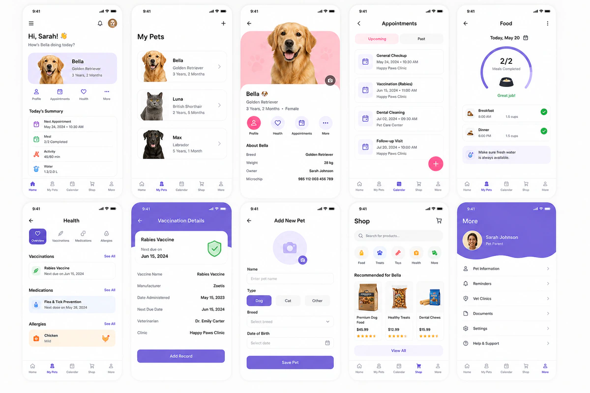 Pet care mobile app concept