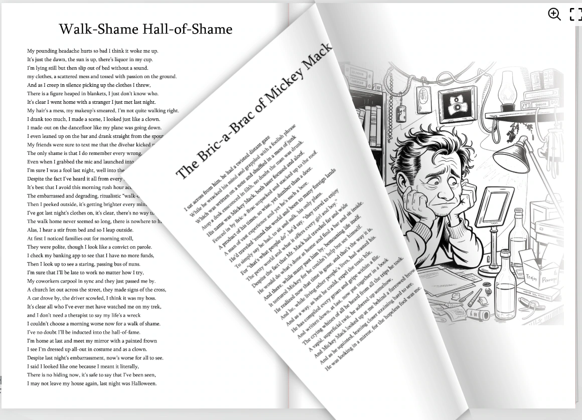 Illustrated black-and-white interior book spread with poem and chapter artwork