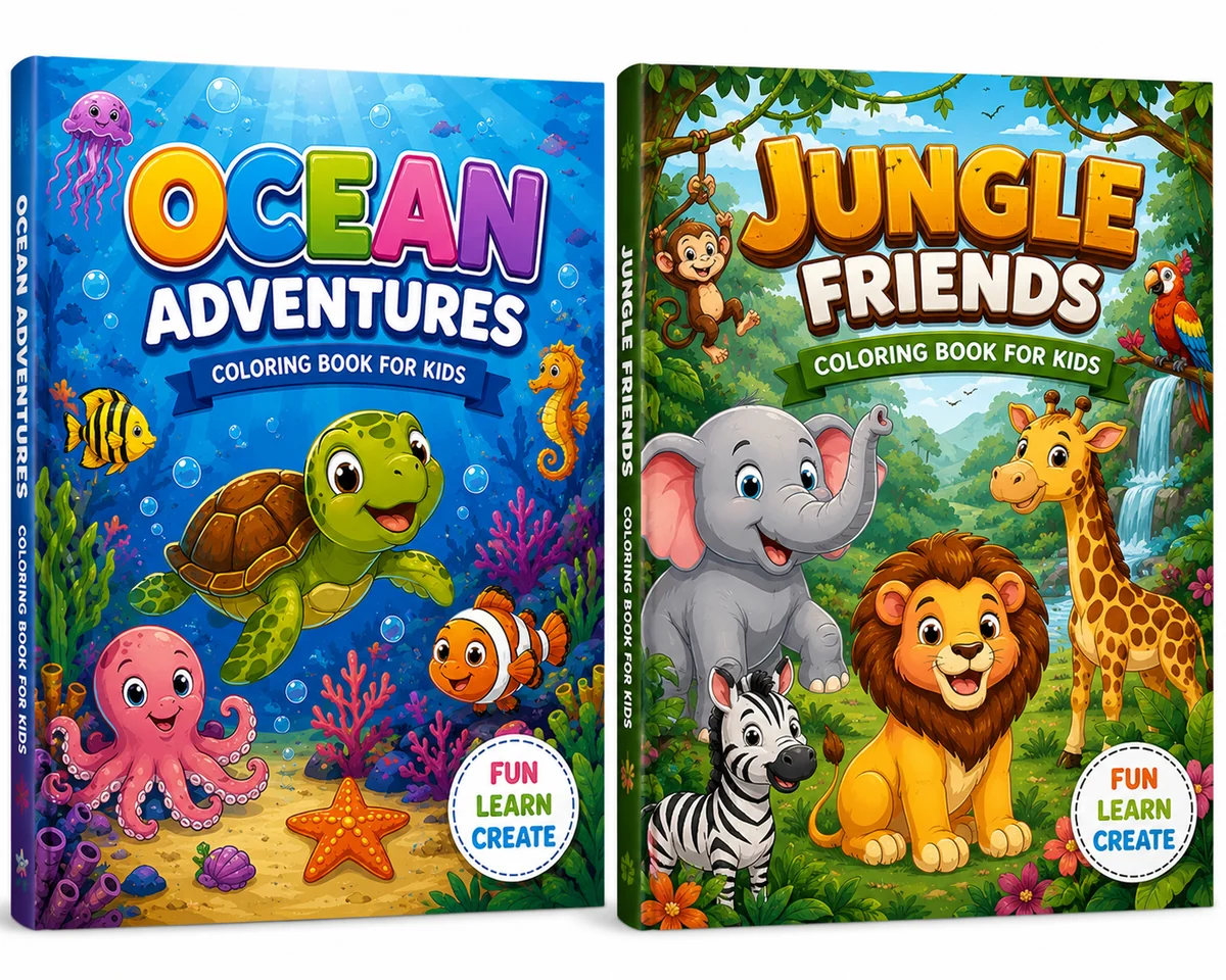 Ocean and jungle adventure coloring book covers with friendly animal illustrations