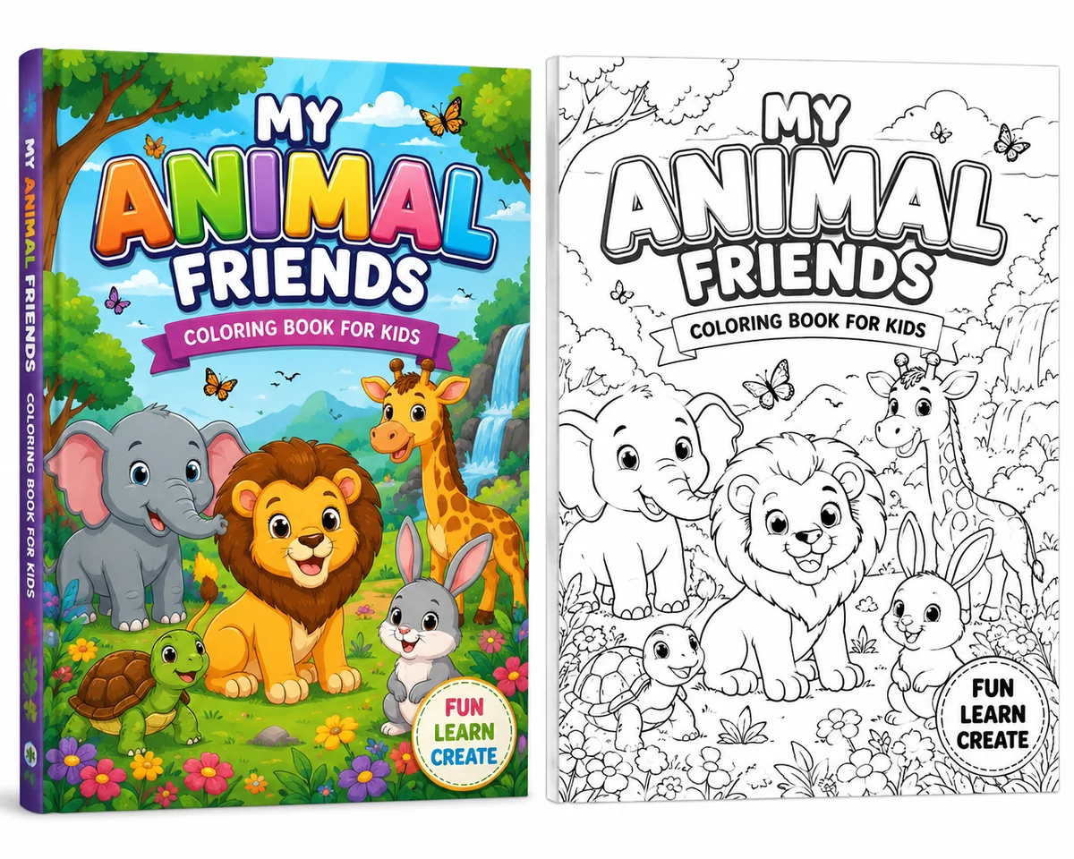 Color and black-and-white covers for an animal friends coloring book