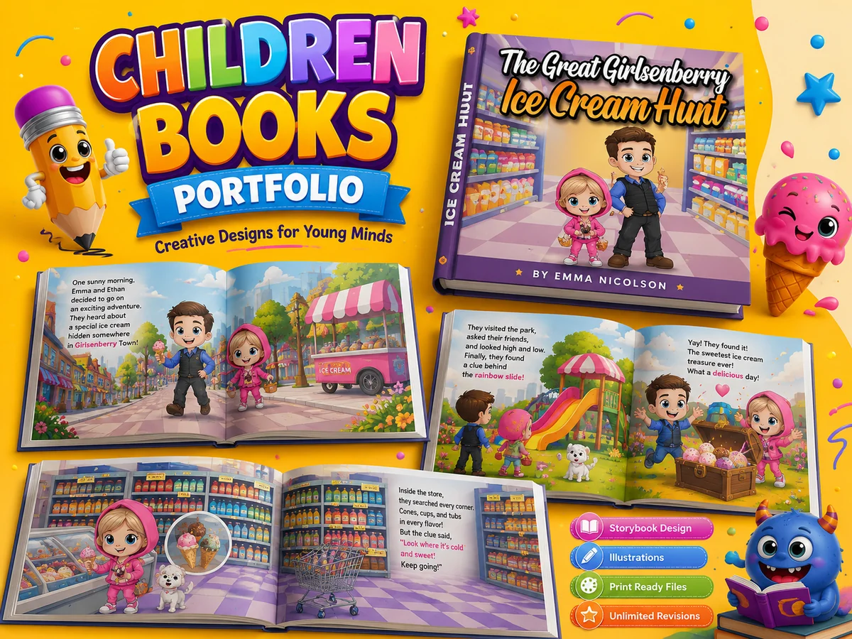 Children's publishing presentation with book covers and coordinated illustrated interior pages