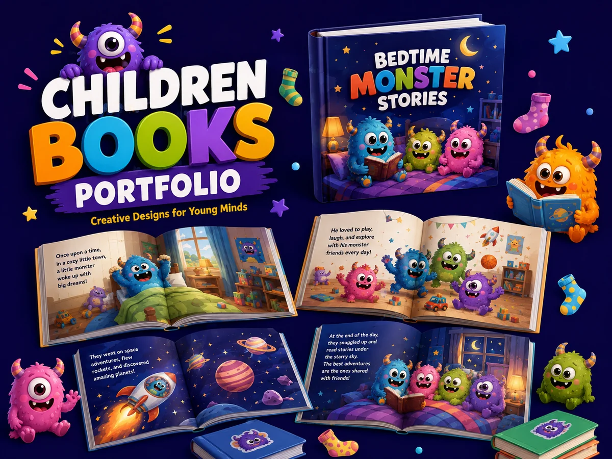 Children's book portfolio with colorful monster characters and illustrated story covers