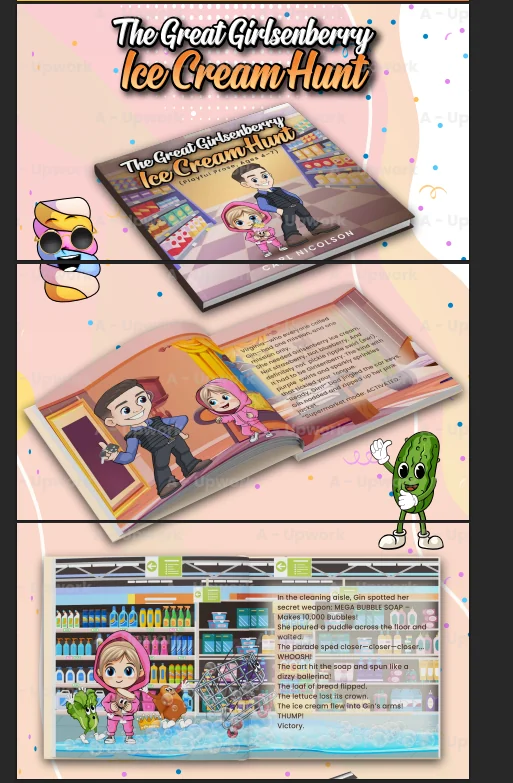 Children's ice cream story cover and colorful interior page presentation