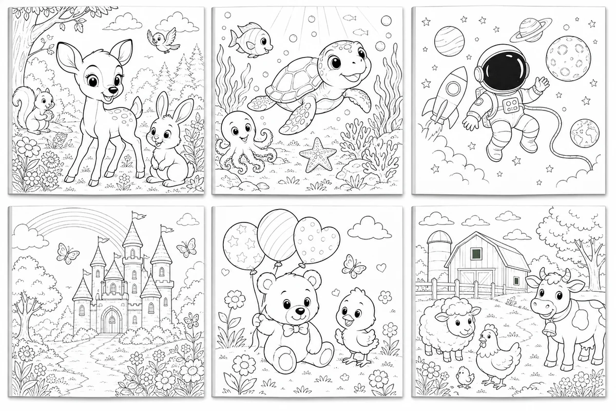Collection of black-and-white children's coloring pages with animals, planets, and castles