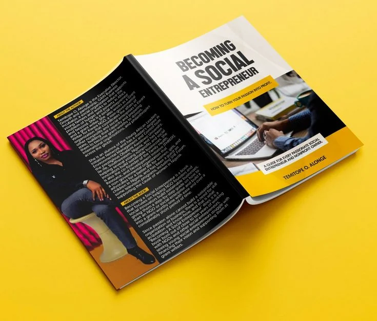 Open editorial publication with bold typography and photography on a yellow studio background