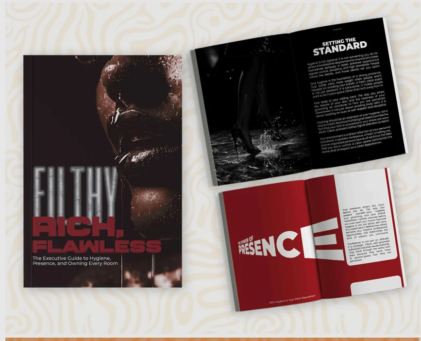 Dark editorial cover and open interior layout with red and black visual direction