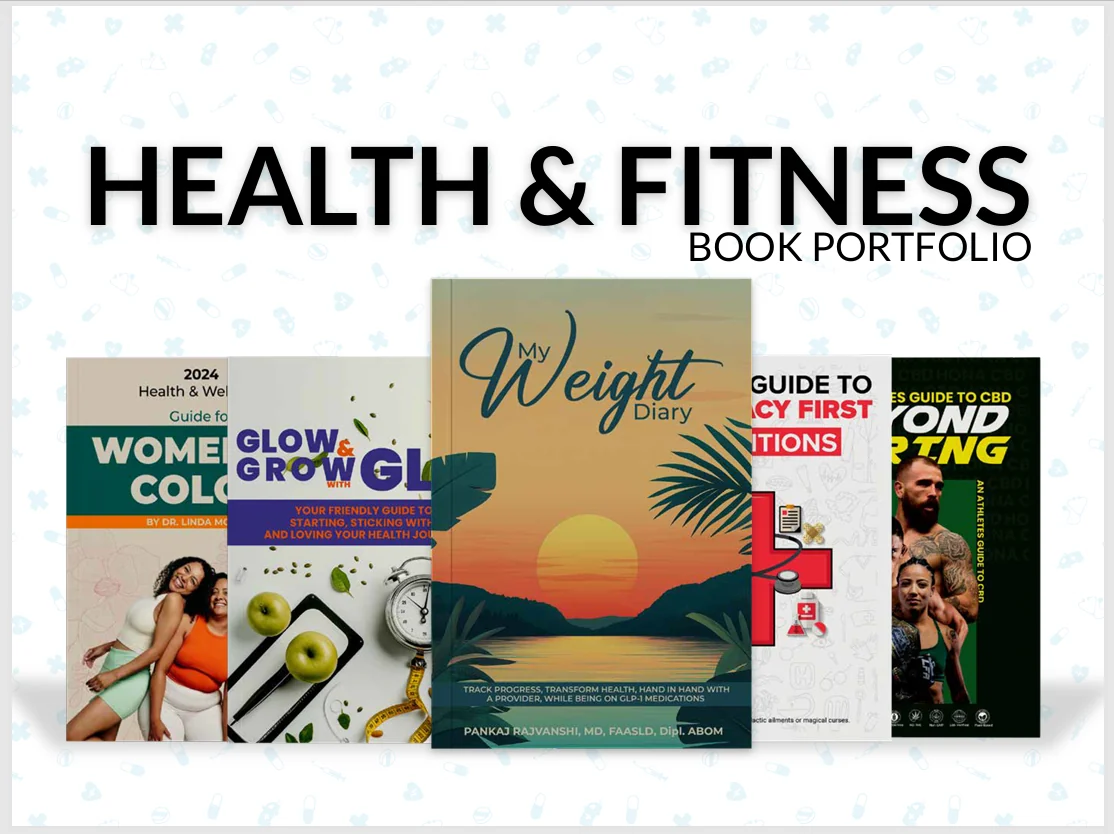 Health and fitness book portfolio showing coordinated wellness covers in a clean presentation