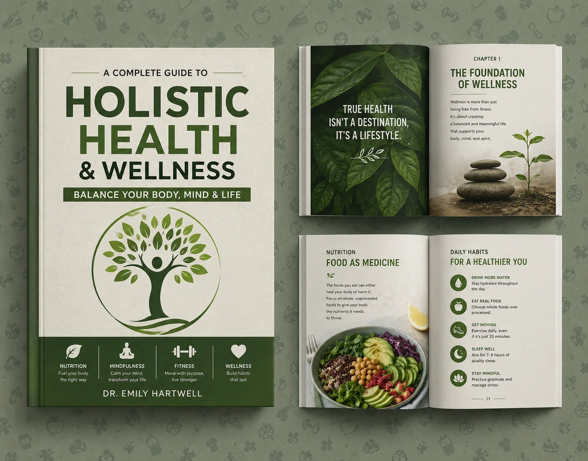 Holistic health book cover and coordinated interior page design with recipes and wellness content