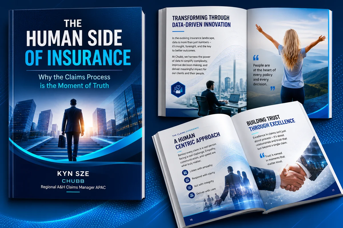 The Human Side of Insurance cover system with paperback, digital, and promotional page mockups
