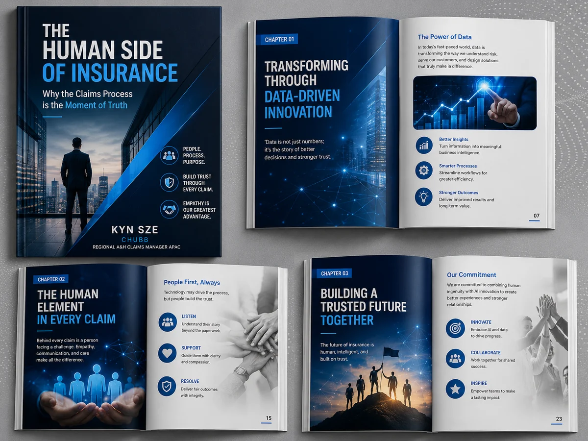 Insurance publication cover and coordinated interior layouts with structured diagrams and business content