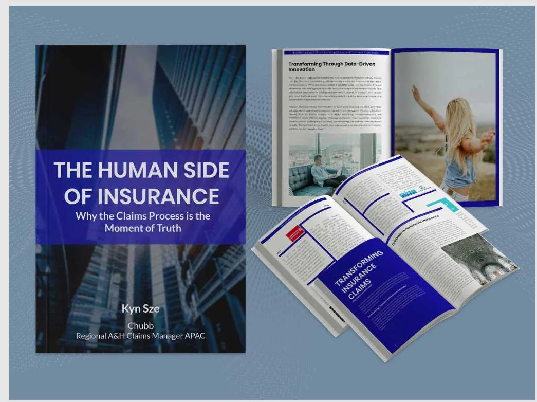 Insurance book cover with an open editorial spread and responsive publishing mockups