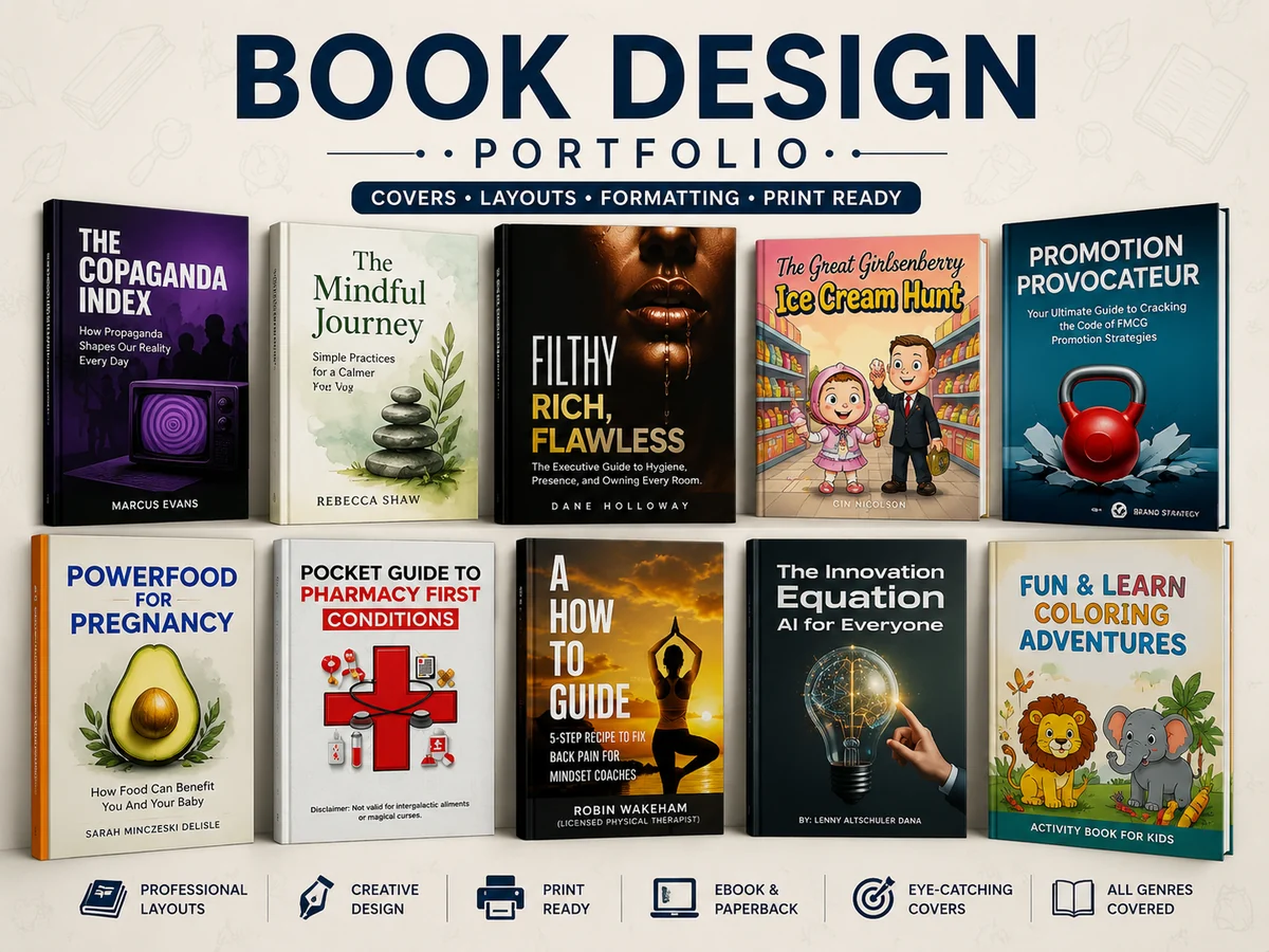 Collection of book cover concepts across business, wellness, science, and children's publishing