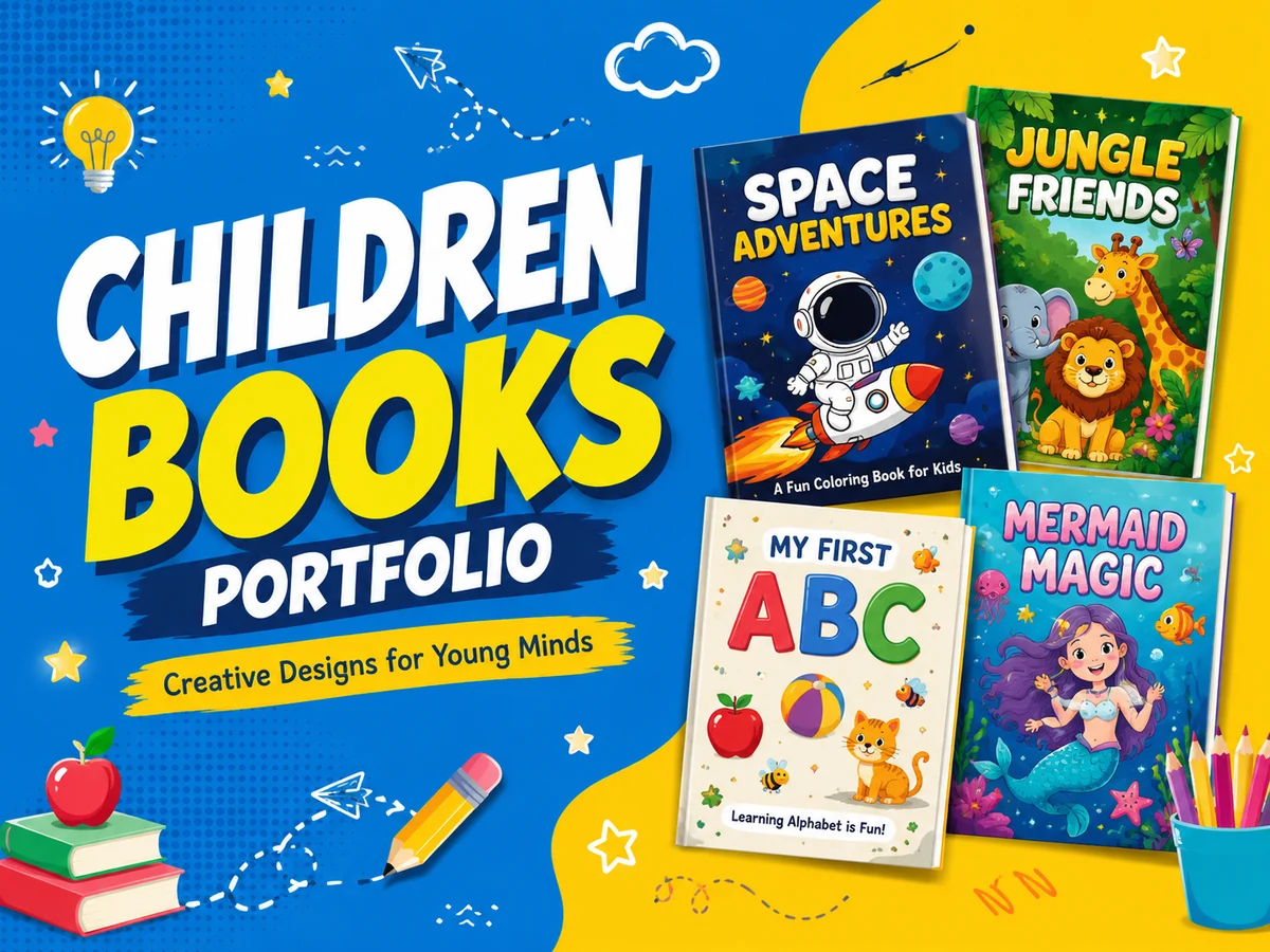 Colorful children's book portfolio presentation with illustrated covers and characters