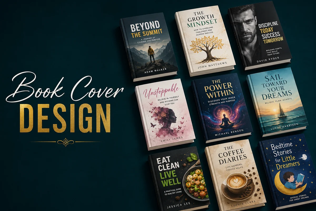 Book cover design collection presented as a coordinated publishing portfolio