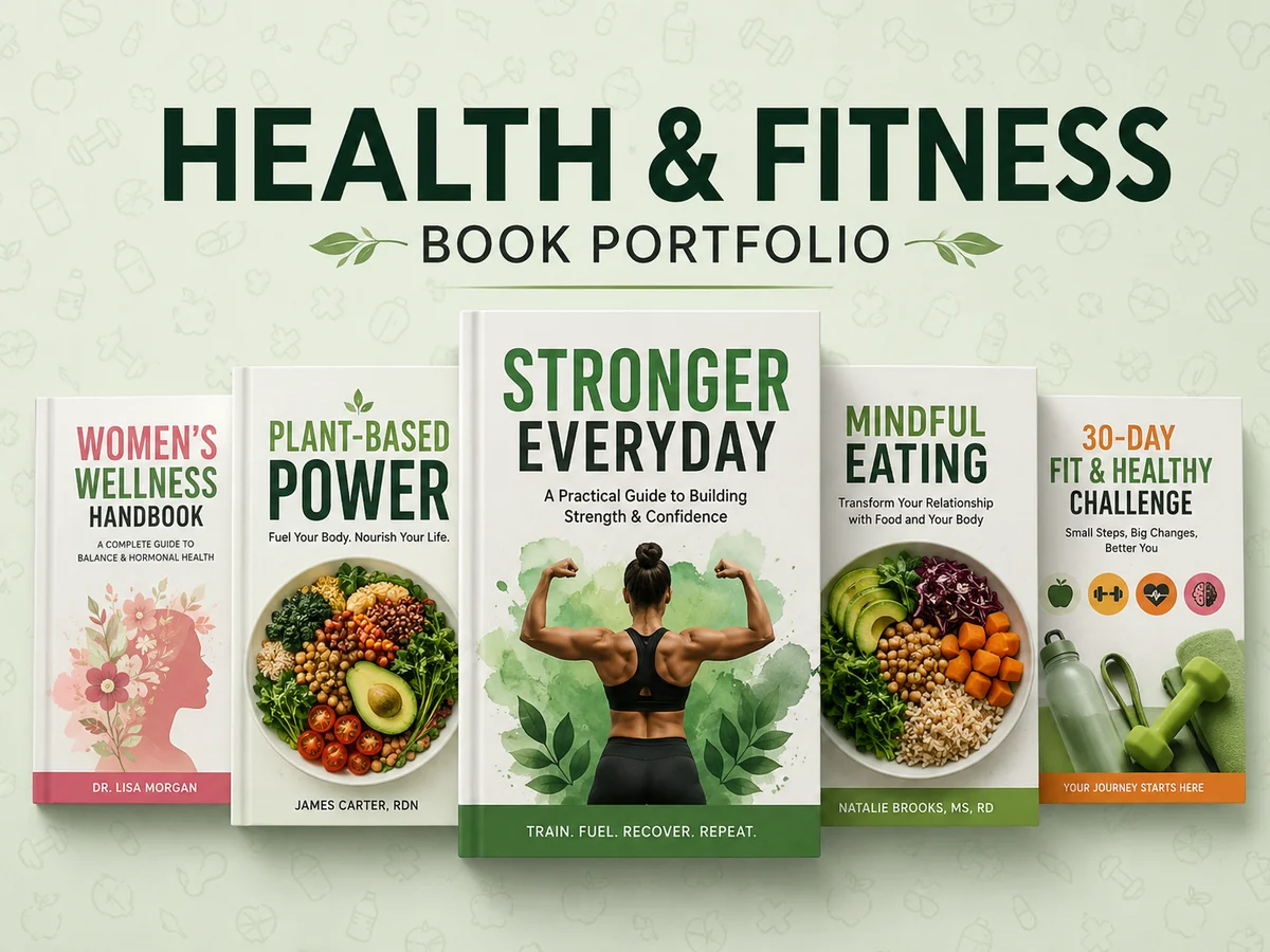 Coordinated health and fitness book cover collection with varied wellness themes
