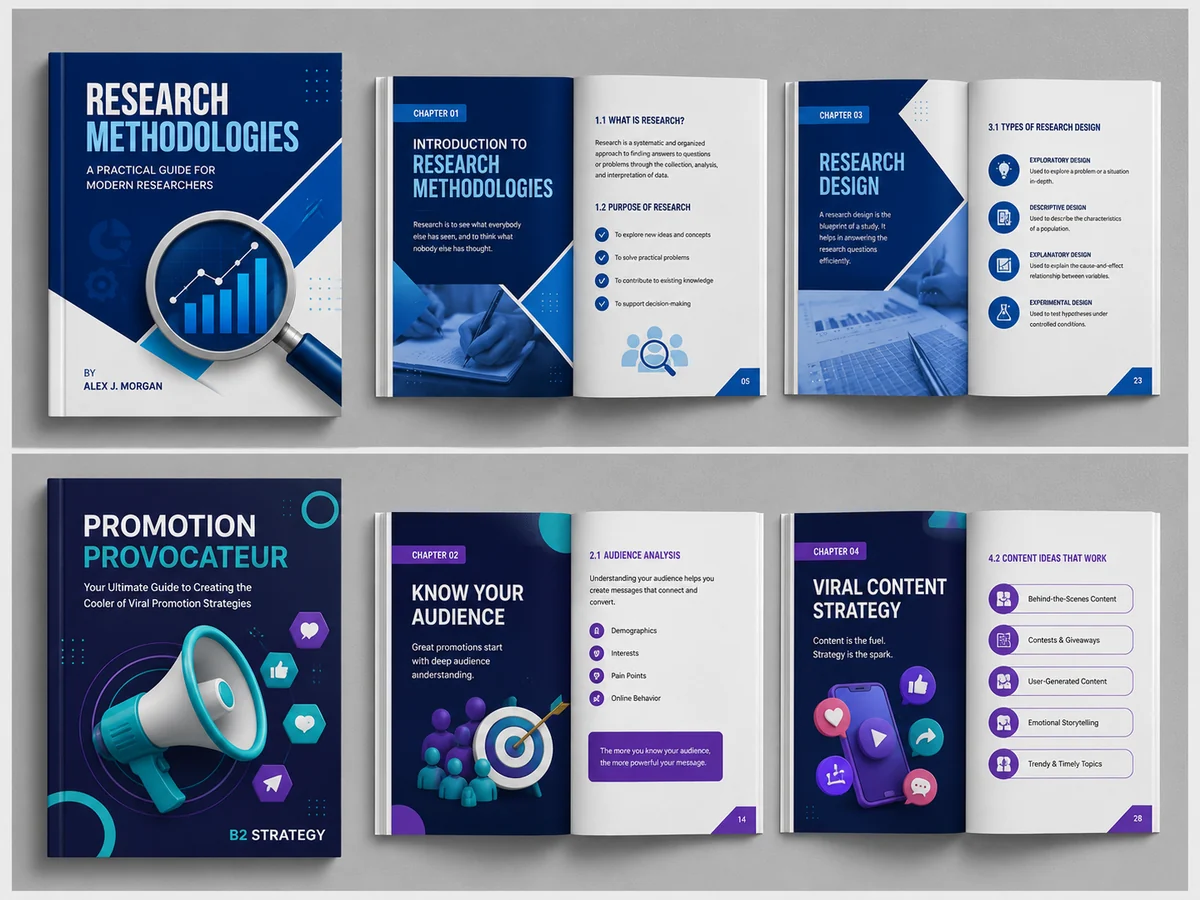 Business and research book cover systems shown with coordinated interior page layouts