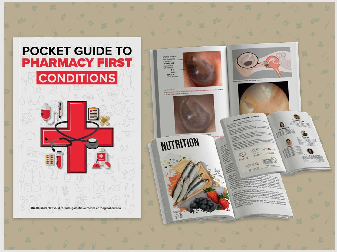Pocket pharmacy guide cover with medical photographs and structured reference spreads