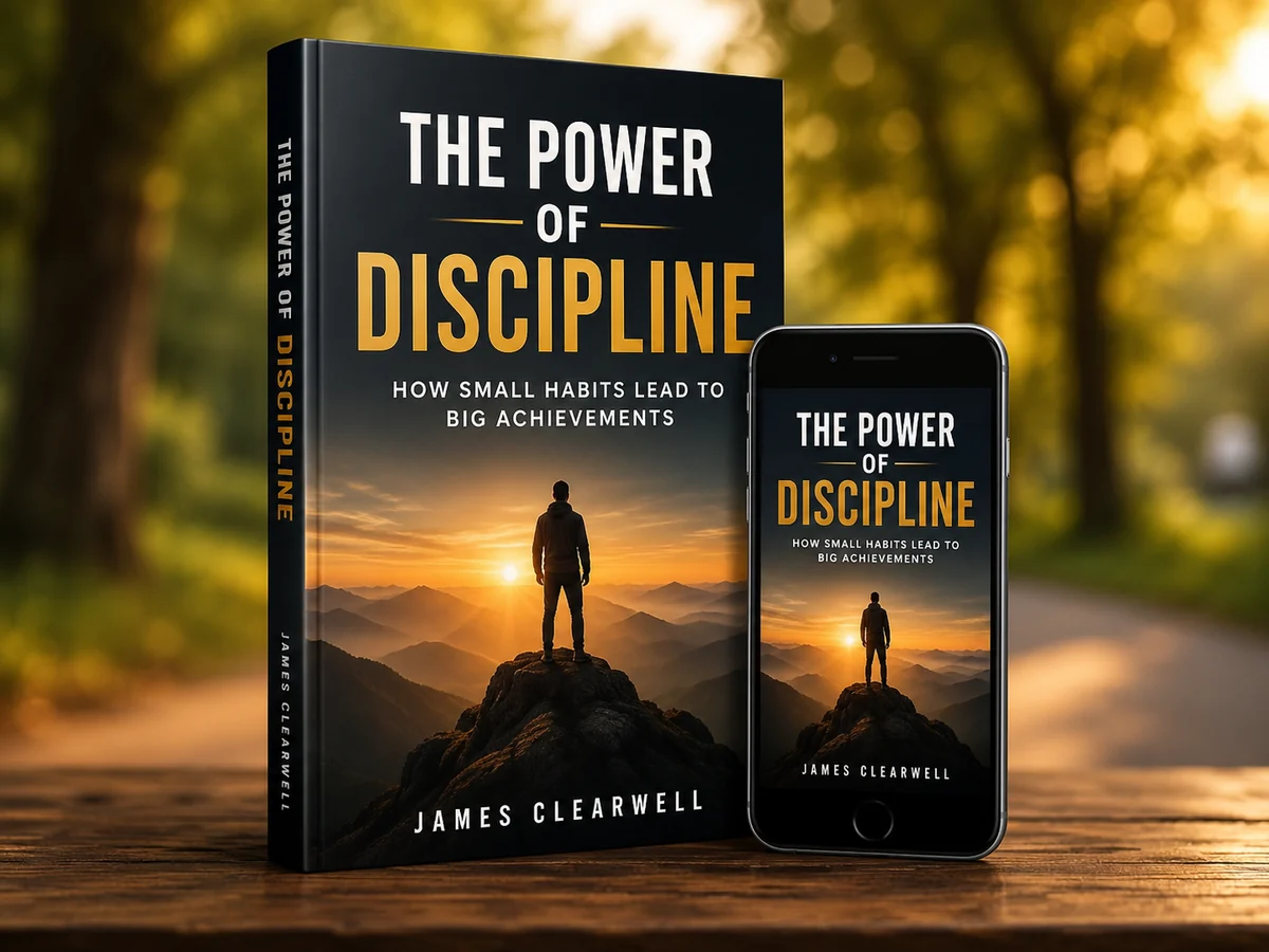 The Power of Discipline book cover displayed as hardcover and mobile reading mockups