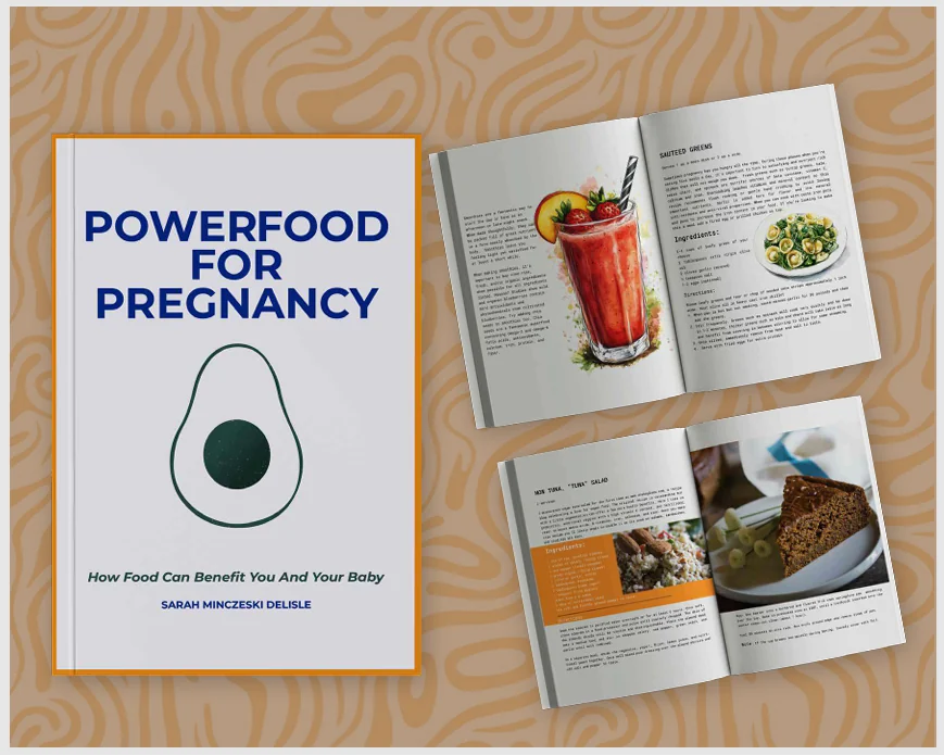 Nutrition guide cover and open interior spread with food photography and clean editorial typography