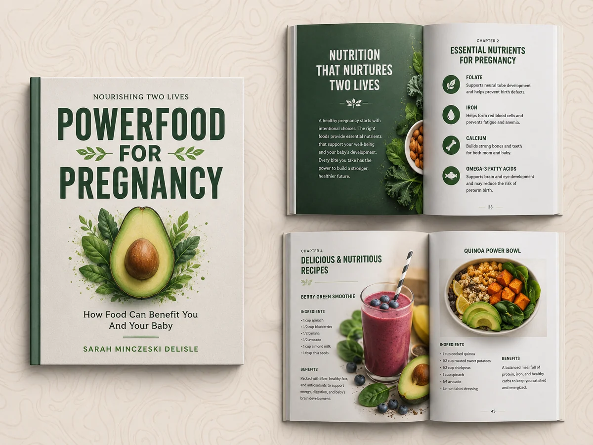 Pregnancy nutrition book cover with coordinated recipe and information page layouts