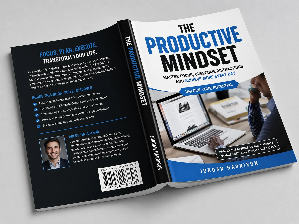 The Productive Mindset full cover displayed as a realistic open paperback mockup