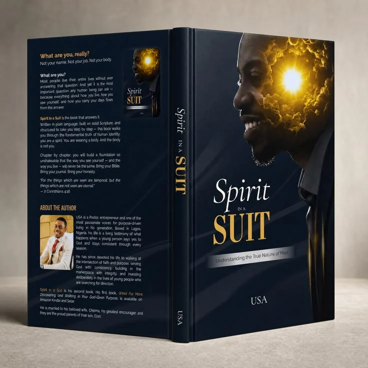 Spirit in a Suit black and gold full cover design with front, spine, and back
